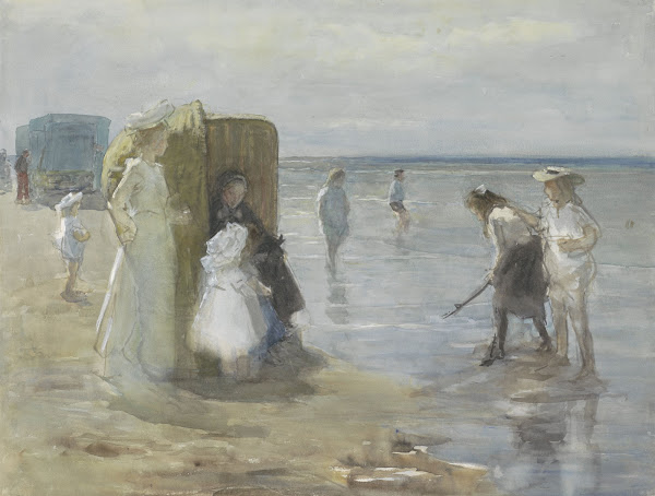 Gezicht langs de vloedlijn aan het Scheveningse strand met twee dames en kindere