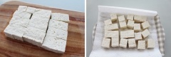 Chuẩn bị tất cả các nguyên liệu. Đậu hũ rửa sạch rồi thái miếng vừa ăn, dùng giấy thấm khô đậu hũ. Hành và ớt thái nhỏ để riêng.