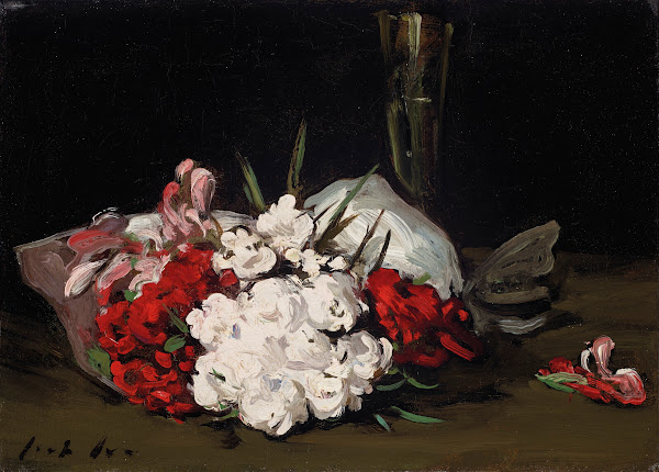 Bouquet of Red and White Flowers with a Champagne Glass circa 1905 08