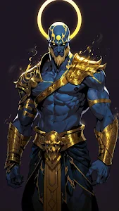 Mythic Blue Deity in Gold Armor with Glowing Halo