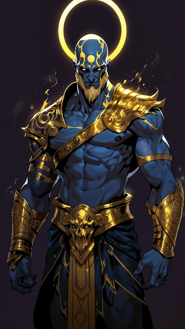 Mythic Blue Deity in Gold Armor with Glowing Halo - Free mobile Wallpaper