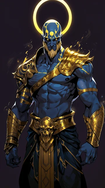 Mythic Blue Deity in Gold Armor with Glowing Halo
