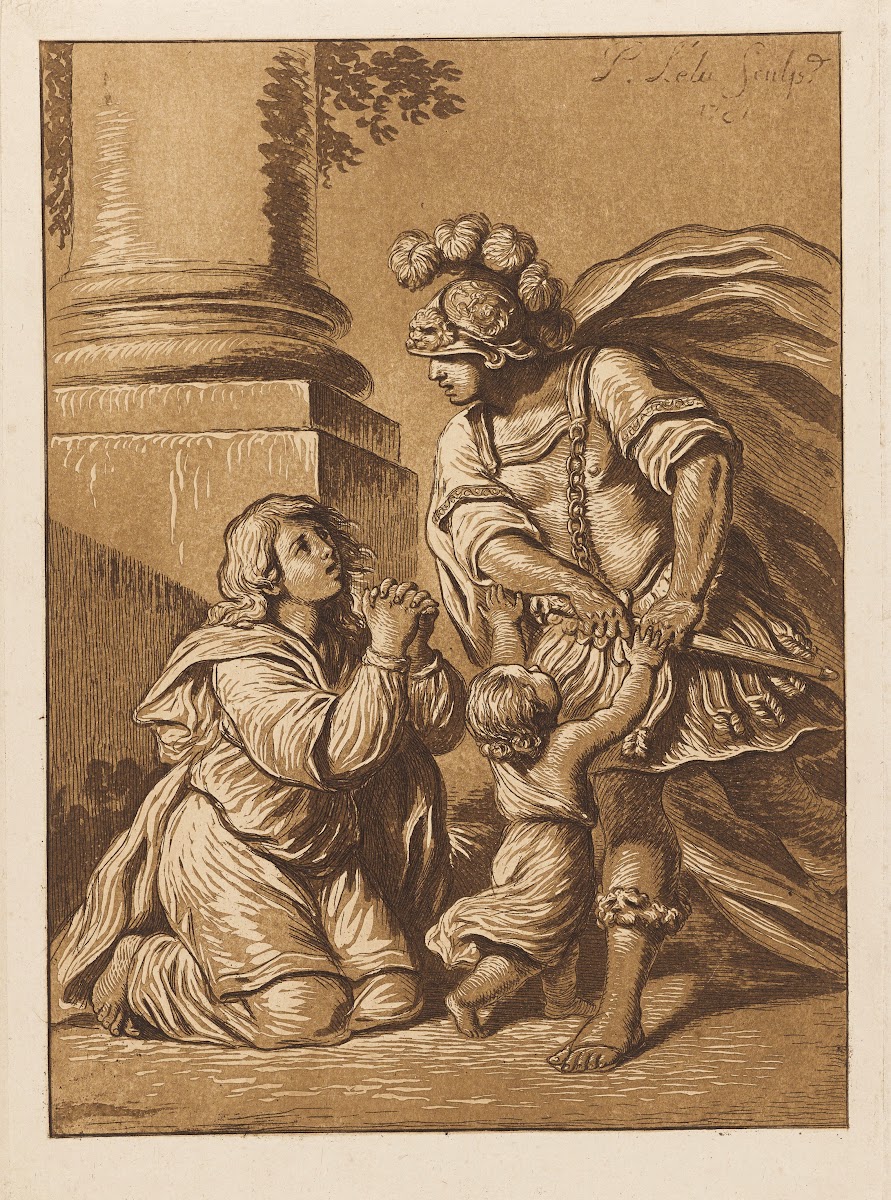 Threatening soldier with pleading wife and child 1781
