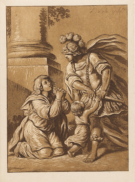 Threatening soldier with pleading wife and child 1781