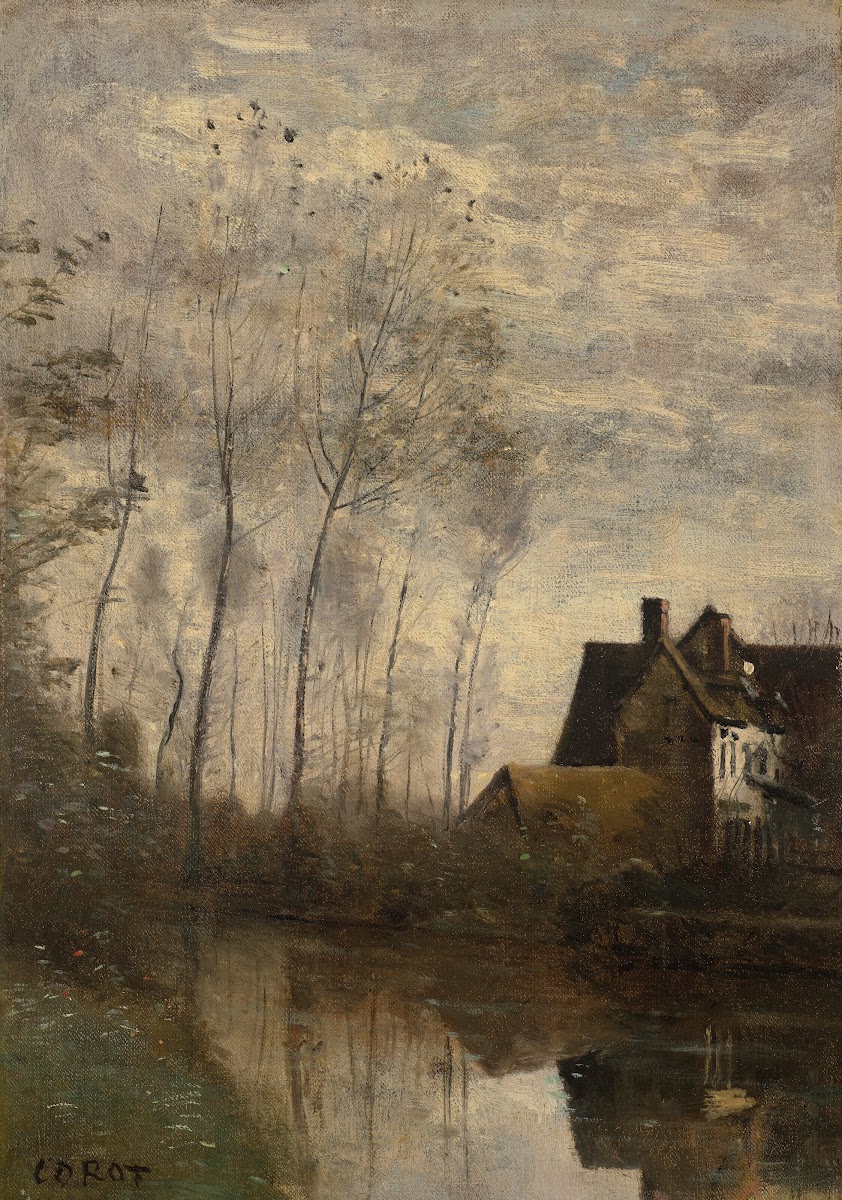 Un coin de rivière avec maison et peupliers circa 1850 1855
