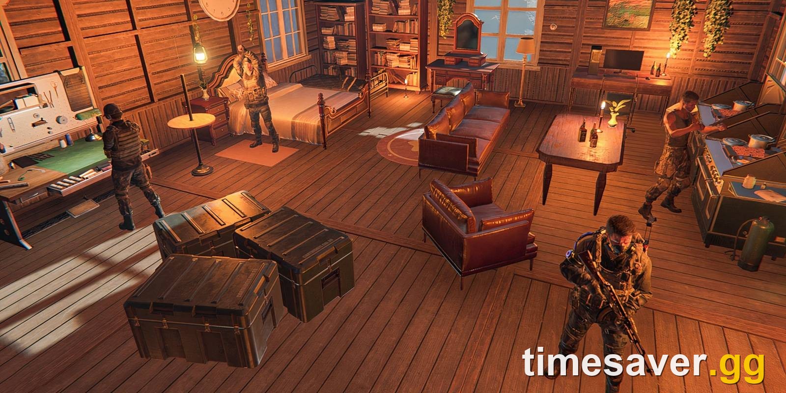 A furnished survivor base with crafting stations and armed characters in Once Human — new console players learning to build and group up on the same server.
