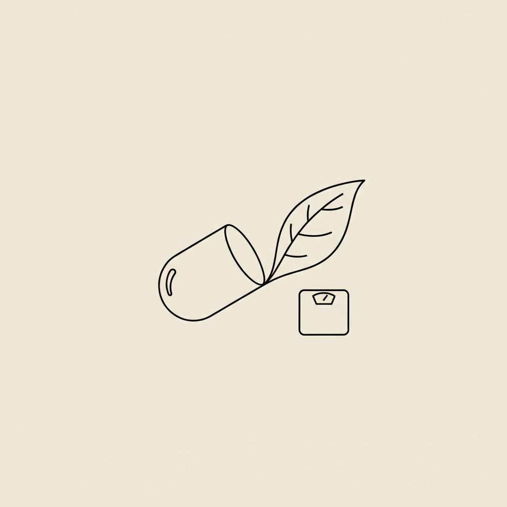 Minimalist line illustration of a capsule transforming into a leaf with a small scale symbolizing weight management, representing a berberine supplement.