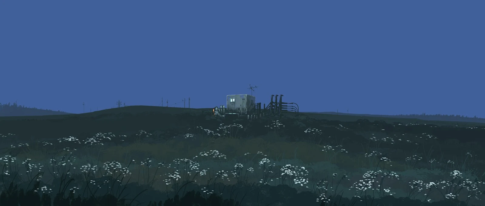 Industrial Outpost In Twilight Field - Digital Painting 4K Wallpaper (5640x2400)