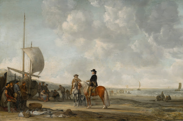 A beach scene with horsemen and fishermen with their catch 17th century