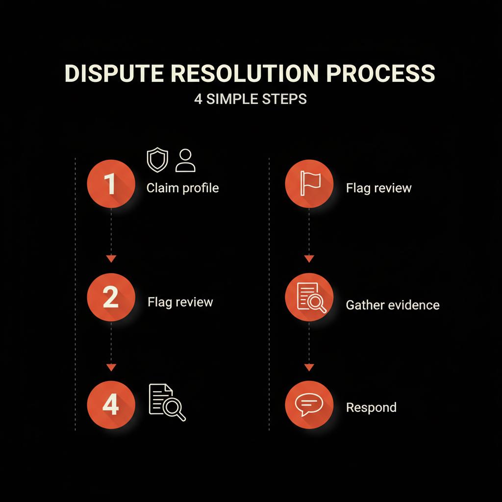 Minimal checklist infographic to remove Google reviews showing steps: claim profile, flag review, gather evidence, respond on a black full-bleed background with brand colors.