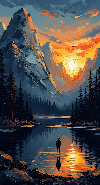 Impasto Mountain Sunset Lake Reflection Painting - Free mobile Wallpaper