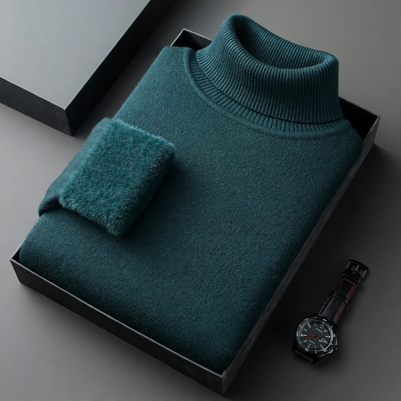 Men's knitted sweater with roll neck and wool content