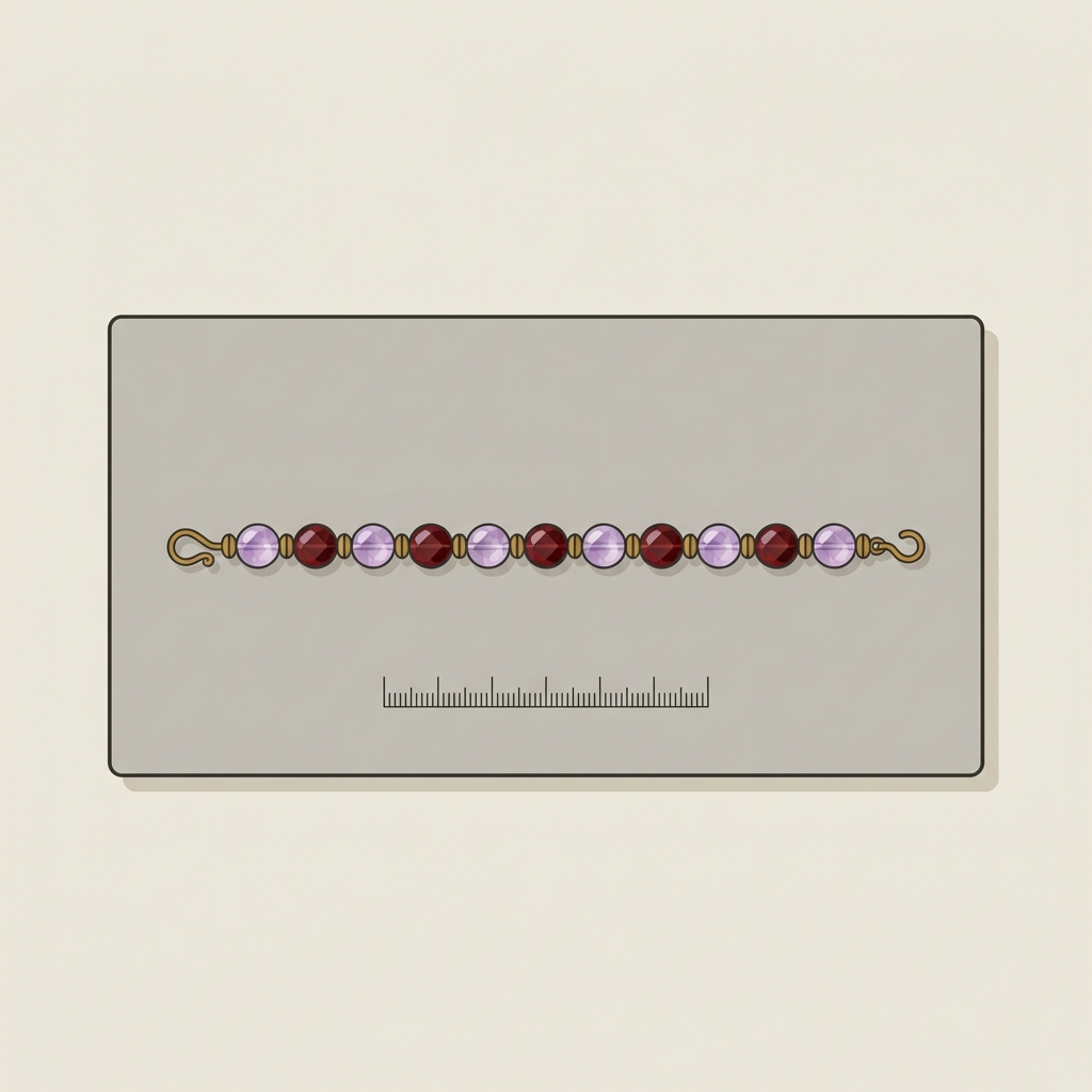 Minimalist 2D vector illustration of a museum label background showing a horizontal strand of translucent amethyst and deep red garnet beads with a small ruler for scale ancient greek jewellery