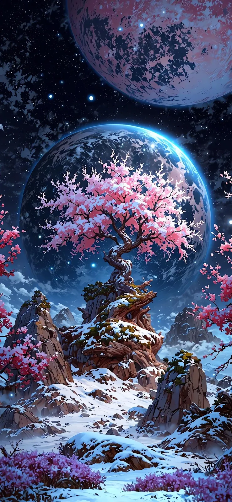 Cherry Blossom Under Giant Moons - Digital Fantasy Art Full HD iPhone Wallpaper (1358x2942)