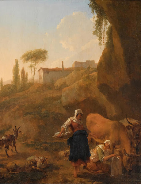 A Rocky Southern Landscape With Two Peasant Women And Their Flock And Cattle Hal