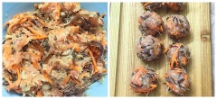 Làm vỏ: khoai tây luộc chín, lột vỏ, nghiền mịn. Trộn 500g bột gạo nếp, 100g bột gạo tẻ, đường, muối cho hòa quyện rồi chế từ từ nước ấm vào và nhồi thành khối bột dẻo, mịn không dính tay. Sau đó cho khoai tây vào nghiền vào trộn cùng, để bột nghỉ 1 tiếng cho ngậm nước. Làm nhân: cà rốt bào sợi, miến và nấm ngâm nở rồi cắt nhỏ. Hành tây băm nhỏ. Trộn thịt băm, hành tây, cà rốt, miến và nấm với nhau cùng dầu ăn, hạt nêm rồi chia thành 12 viên nhỏ.