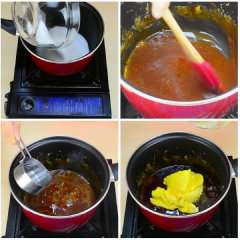 Mở lửa nhỏ, nhẹ nhàng đun 250g đường trắng trong nồi cho đến khi nó tan chảy hoàn toàn và chuyển sang màu nâu vàng. Sau đó thêm 50ml nước và 180g bơ thực vật vào caramel. Tiếp tục nấu và khuấy cho đến khi hỗn hợp đặc lại, tắt bếp, đặt ra một bên đợi caramel nguội.