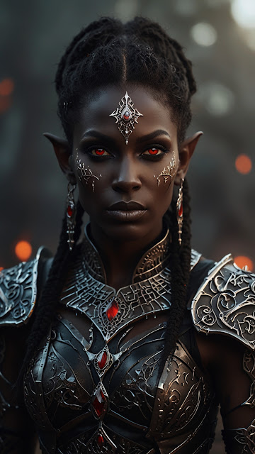 Elven warrior with red eyes and ornate armor gazes intently forward - Free mobile Wallpaper