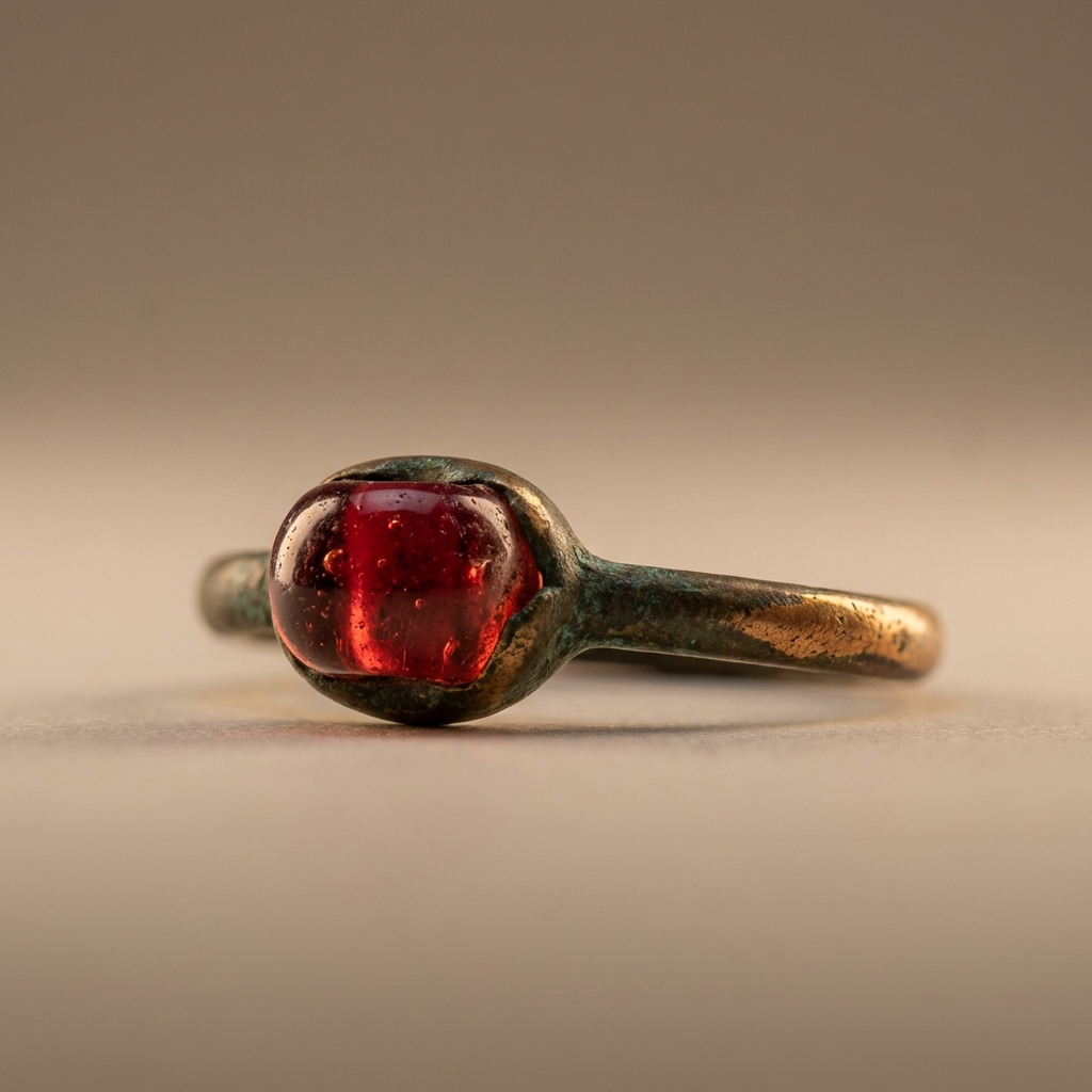 Macro backlit photo of a red glass bead set in an ancient roman glass jewelry ring showing transmitted light and edge thickness on a warm neutral background