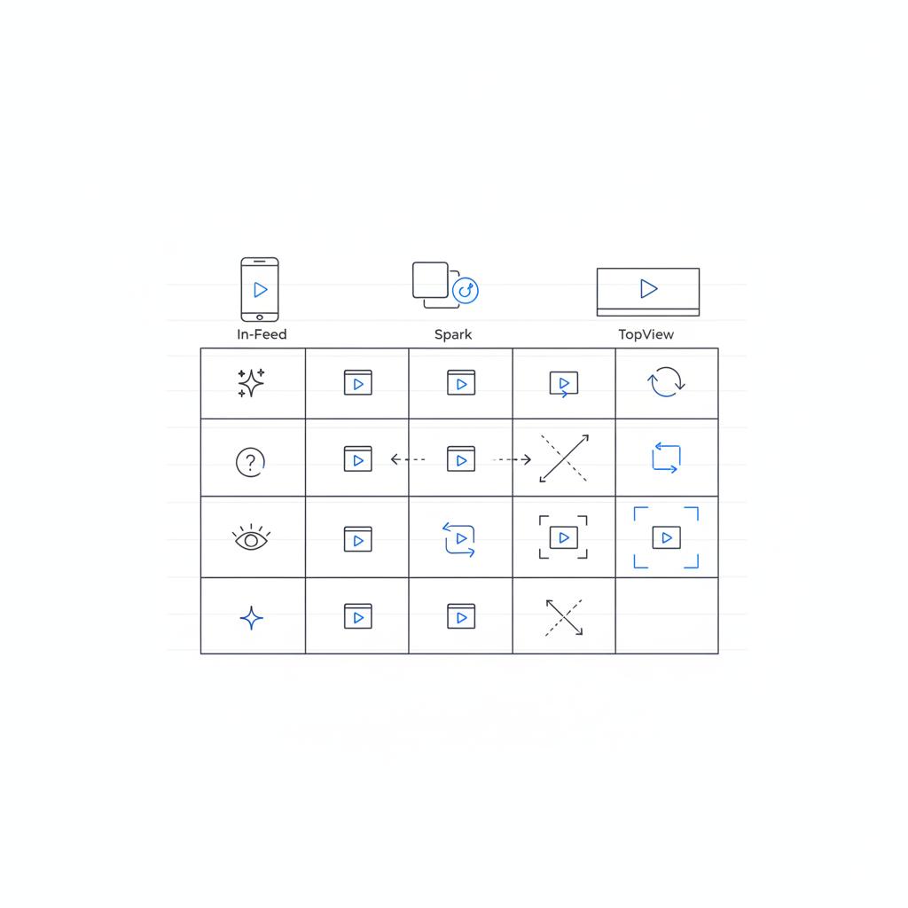 Notebook-style vector testing matrix for TikTok ad formats showing hooks on the left and In-Feed, Spark, TopView format icons across the top with arrows for rotation and scale, Agency Visible colors