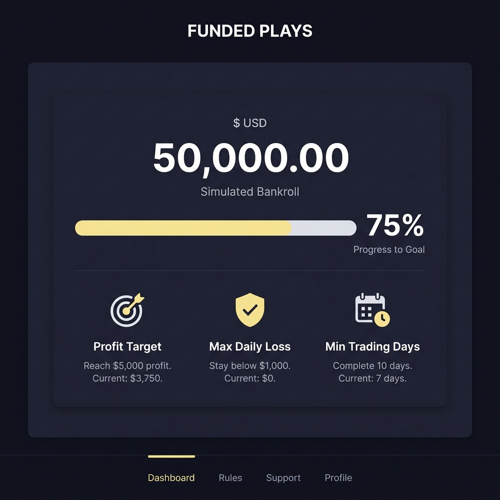 Screenshot style challenge dashboard for FundedPlays for Beginners: A Complete Walkthrough displaying simulated bankroll, progress tracker and objective indicators on a dark minimal brand palette
