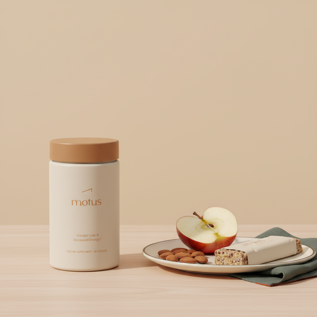 Tonum Motus container beside a snack plate with half-sliced apple, almonds and a wrapped protein bar on a wooden surface, illustrating protein bar side effects and balanced weight-loss nutrition.