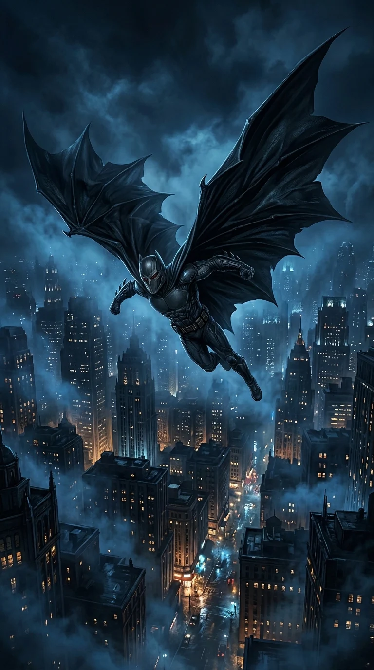 Gothic Superhero Gliding Above a Foggy Futuristic Cityscape - Free 4K mobile Wallpaper