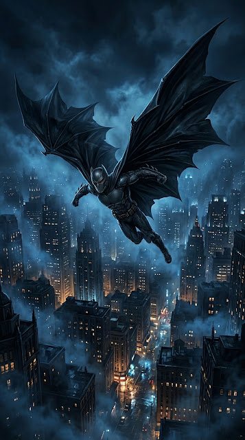 Gothic Superhero Gliding Above a Foggy Futuristic Cityscape - Free mobile Wallpaper