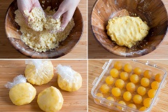 Rây 200g bột mì, 20g bột bắp và 1/4 muỗng cà phê muối vào 1 cái tô lớn. Sau đó cho bơ lạnh vào và dùng ngón tay bóp nhuyễn bột và bơ tới khi thành vụn. Sau đó thêm 1 lòng đỏ trứng và 1 muỗng canh nước lạnh vào nhào đều cho bột hoà quyện với trứng. Sau đó chia bột thành 2-3 phần, bọc kín rồi cho vào ngăn mát tủ lạnh trong khoảng 30 phút. Vo tròn nhân dứa thành những viên nhỏ vừa ăn. Mỗi viên khoảng 1 muỗng cà phê.