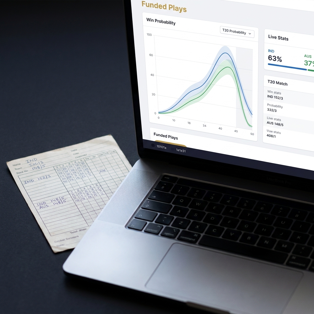 Close up of a cricket scorecard beside a laptop displaying T20 probability curves and live cricket odds on a minimal Funded Plays dark background