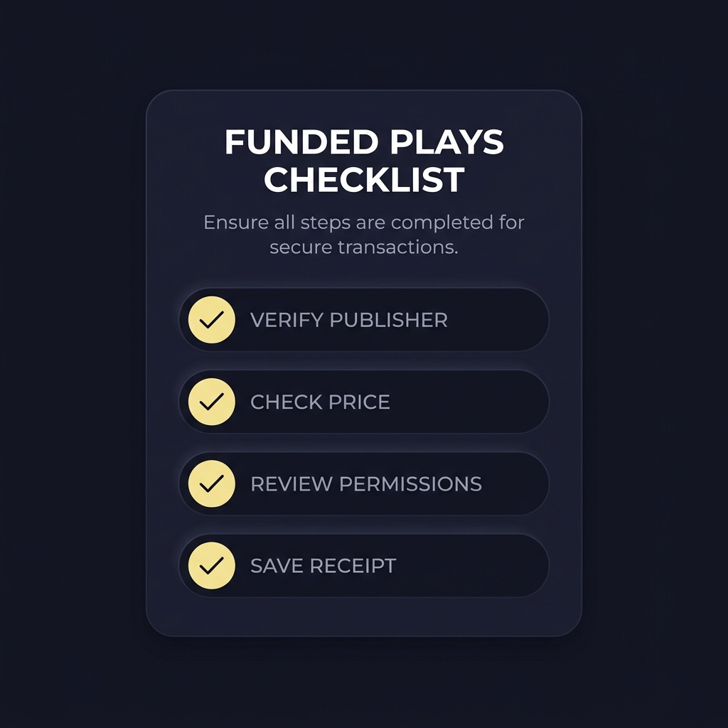 Minimalist checklist for 1st bet app download with ticks next to verify publisher check price review permissions save receipt on dark Funded Plays background