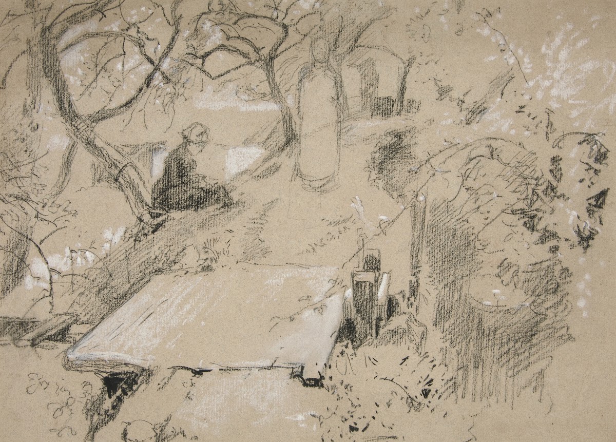 Woman seated on bench in a garden or public park 1980
