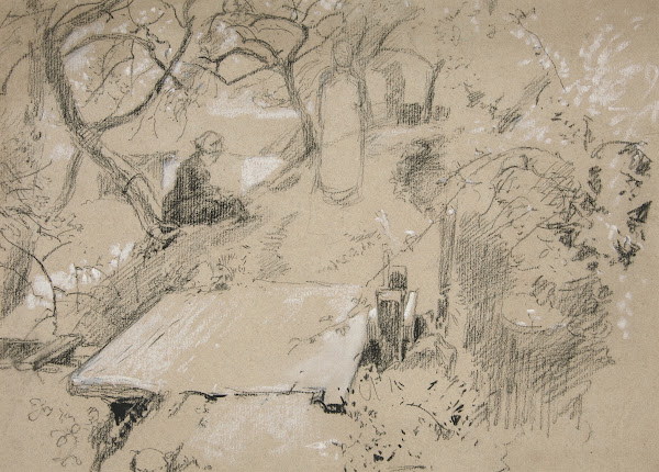 Woman seated on bench in a garden or public park 1980