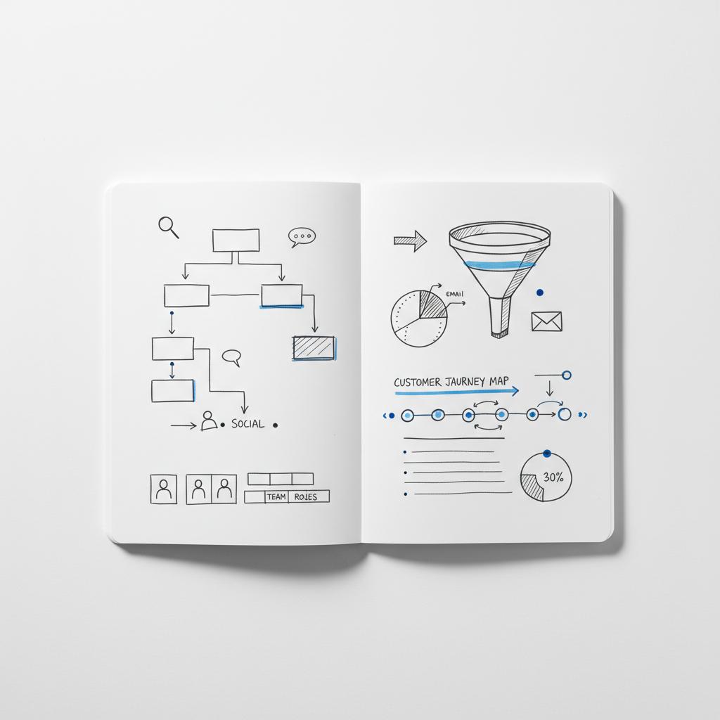 Close-up full-frame white notebook spread with hand-drawn campaign flowcharts, customer journey and channel icons (search, social, email), accent dots in #1a5bfb for an advertising agency