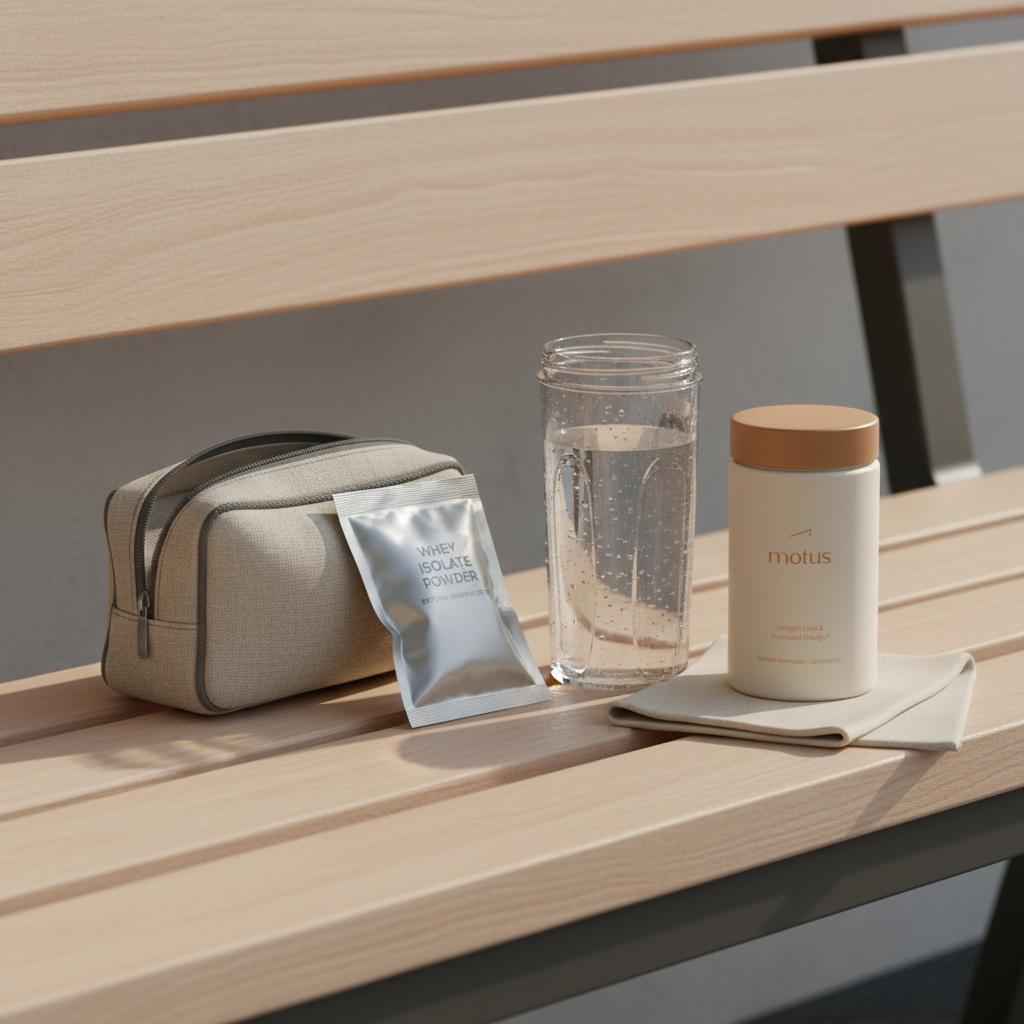 Minimal travel kit on a bench with a sealed whey isolate single-serve packet, a compact shaker partly filled with a cold clear protein shake and the Tonum Motus container from the reference photo.