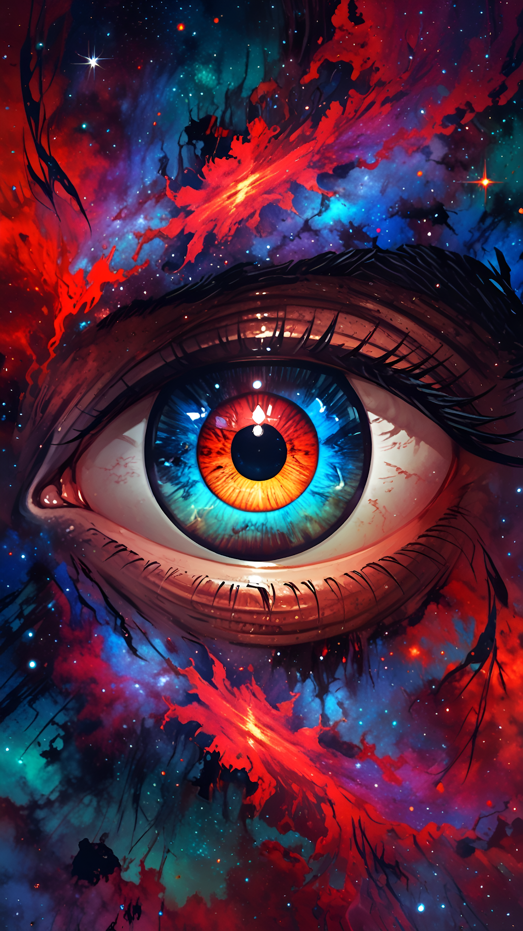 Macro Eye Surreal Art Red Blue Nebula Galaxy Portrait - Free 4K mobile Wallpaper