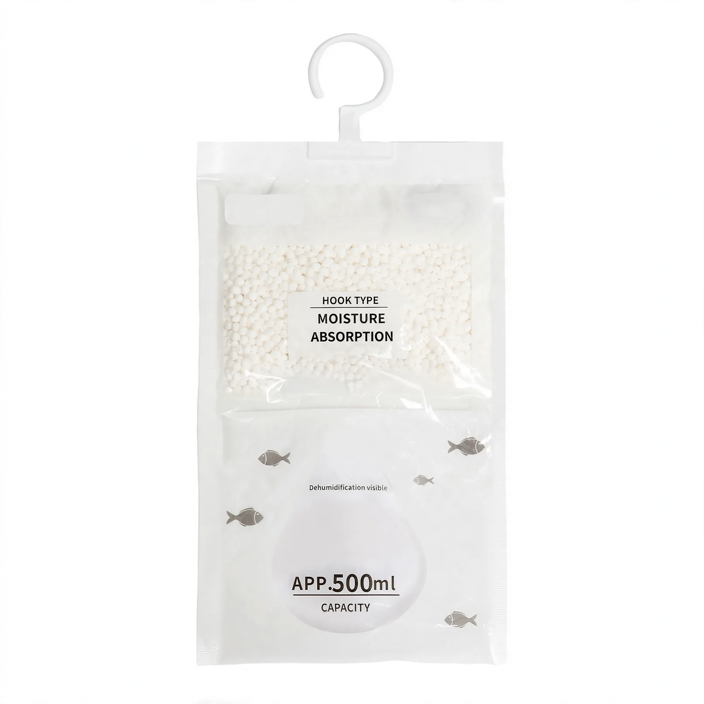 Hanging dehumidifying bag for closets and living spaces