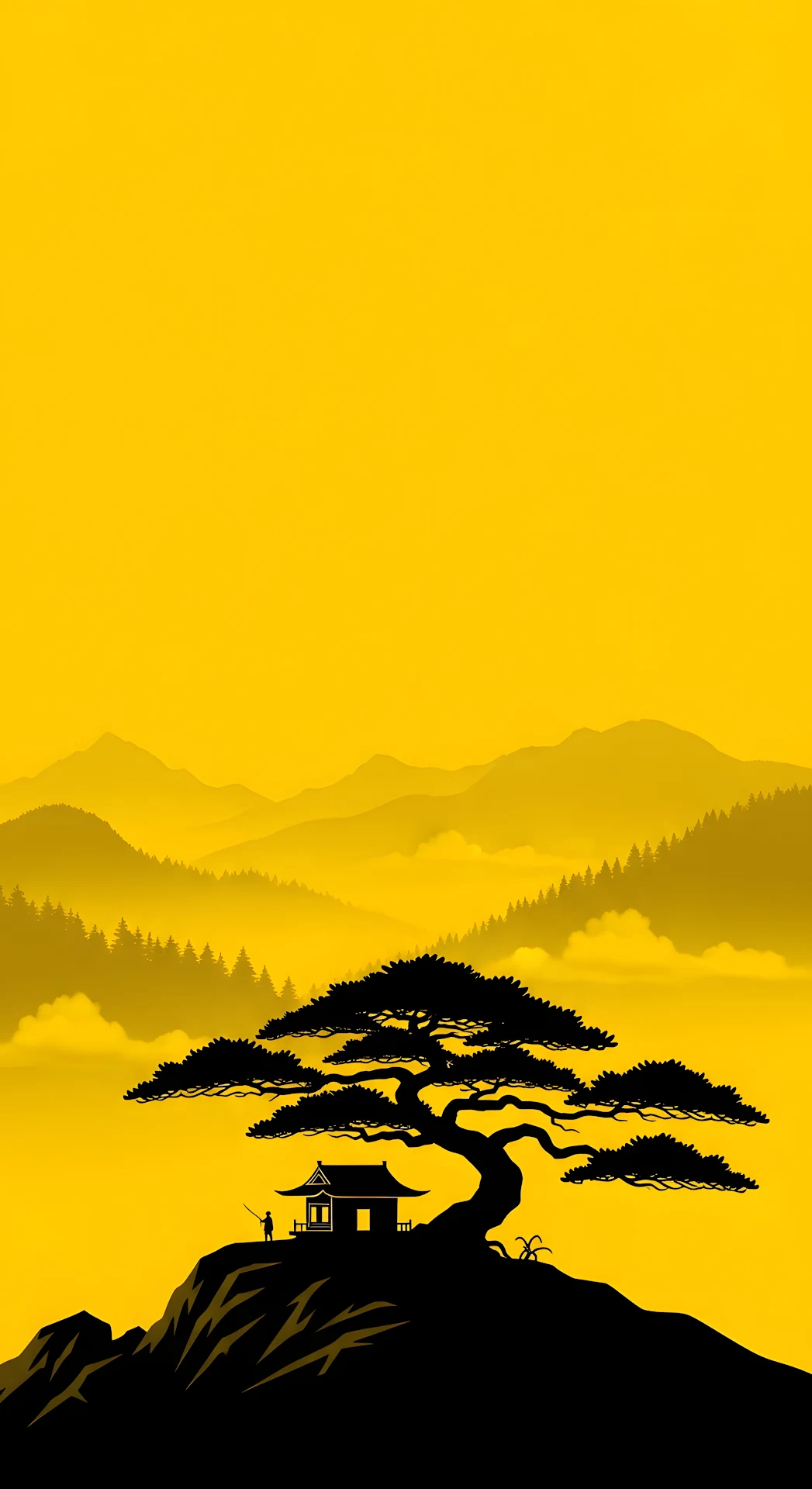 Minimalist Black and Yellow Illustration of Pine Tree and Temple in Misty Asian Landscape - Free 4K mobile Wallpaper