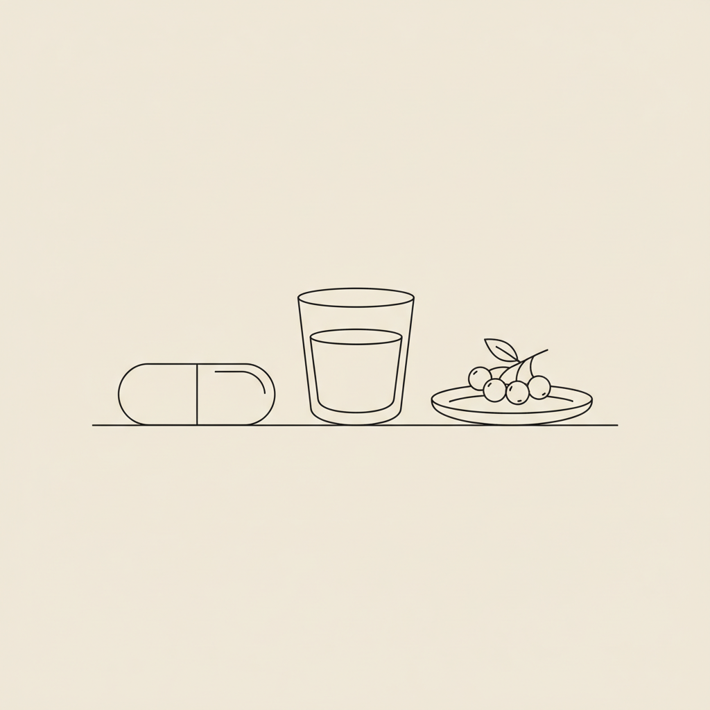 Minimal Tonum-style vector illustration of a capsule, water glass, and small plate with berries on beige background, symbolizing weight management and how to lose 40 pounds in 3 months