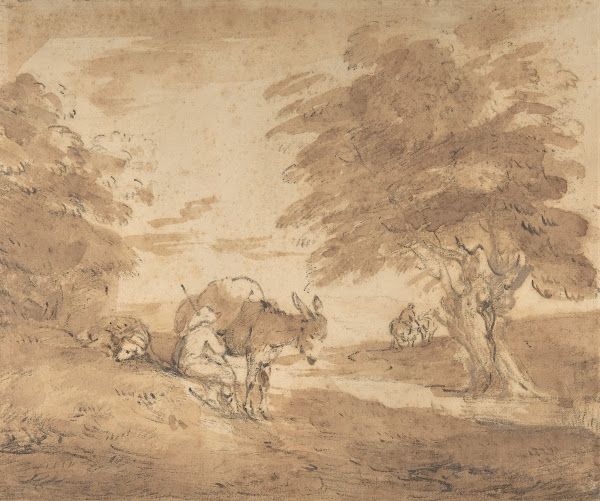 A Rest by the Way Open Landscape with Figures Donkey and Horses ca 1780