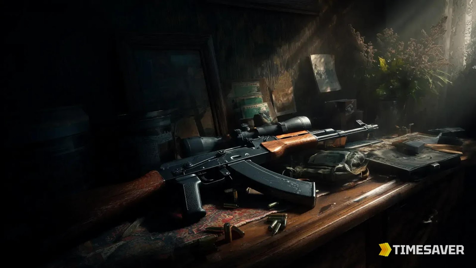 Escape from Tarkov weapon and gear laid out in a hideout — the stakes of a No Insurance, Armor Shortage hardcore run