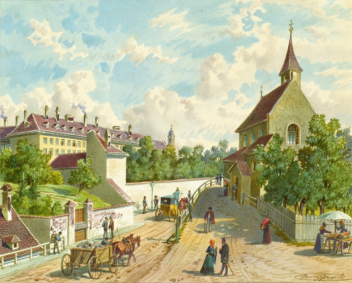 Die Währinger Straße in Wien mit dem Versorgungshaus Zum Blauen Herrgott und der
