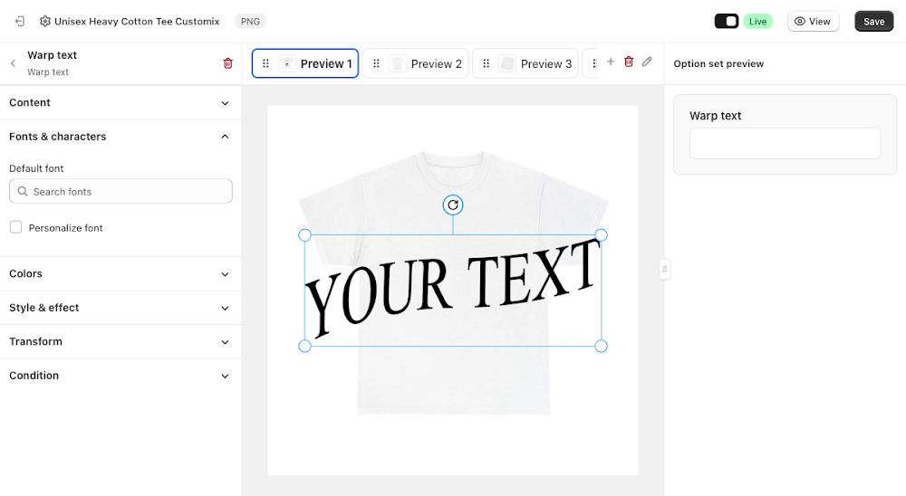 Fonts & characters panel with Default font and Personalize font fields