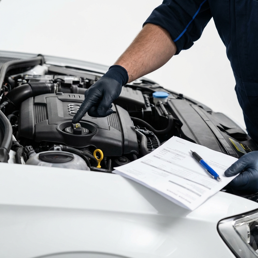 Close up of Audi engine bay with mechanic pointing at oil fill cap and blurred service invoice on fender used audi for sale