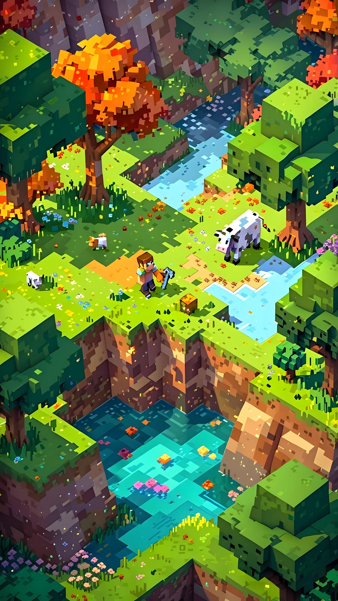 Minecraft Isometric Forest Landscape with Player - Free 4K mobile Wallpaper
