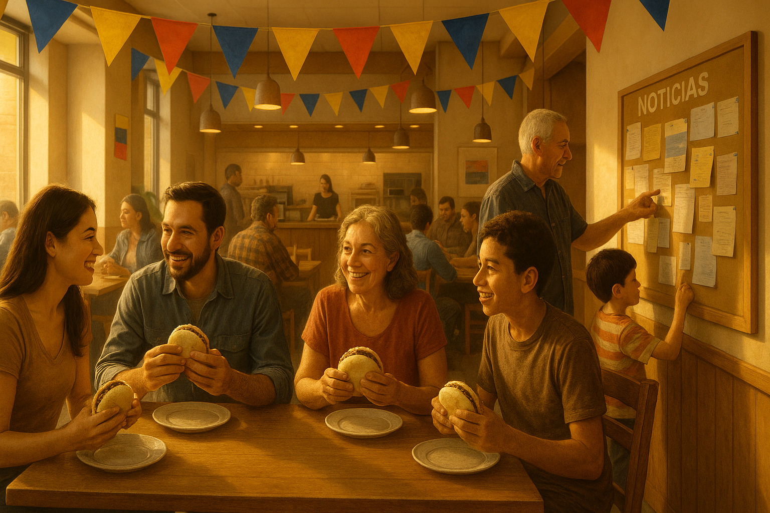 Venezolanos reunidos en una arepera del exterior compartiendo apoyo y sonrisas