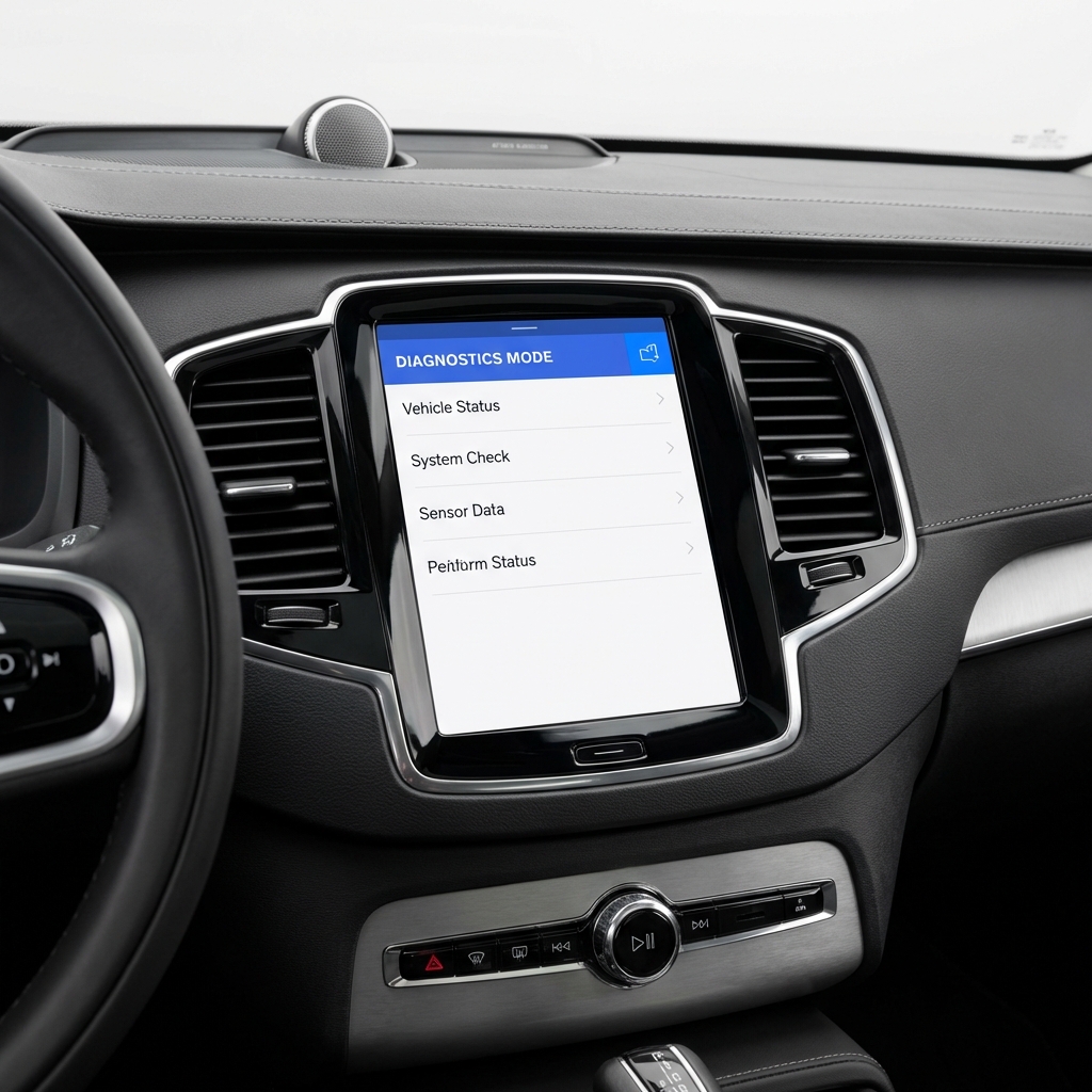 Close up of Volvo XC90 dashboard and infotainment screen showing touchscreen and control buttons for electronics inspection volvo xc90 for sale