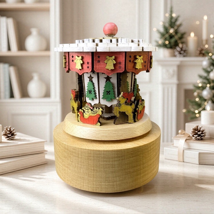 Wooden music box with lighting and winding mechanism