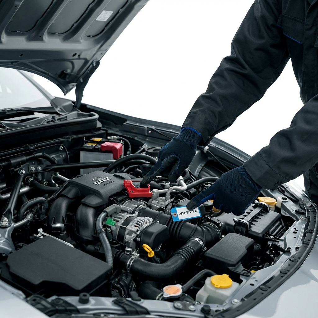 Open hood view of a Subaru BRZ engine bay with a mechanic pointing to ignition coils and the oil filler cap during pre purchase inspection subaru brz for sale