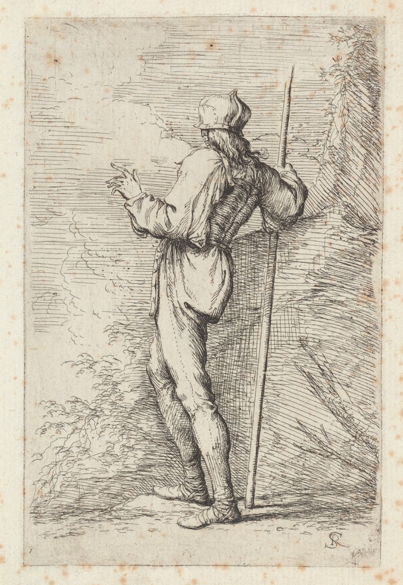 Soldier Standing Holding a Long Cane before a Rocky Wall 1656   1657